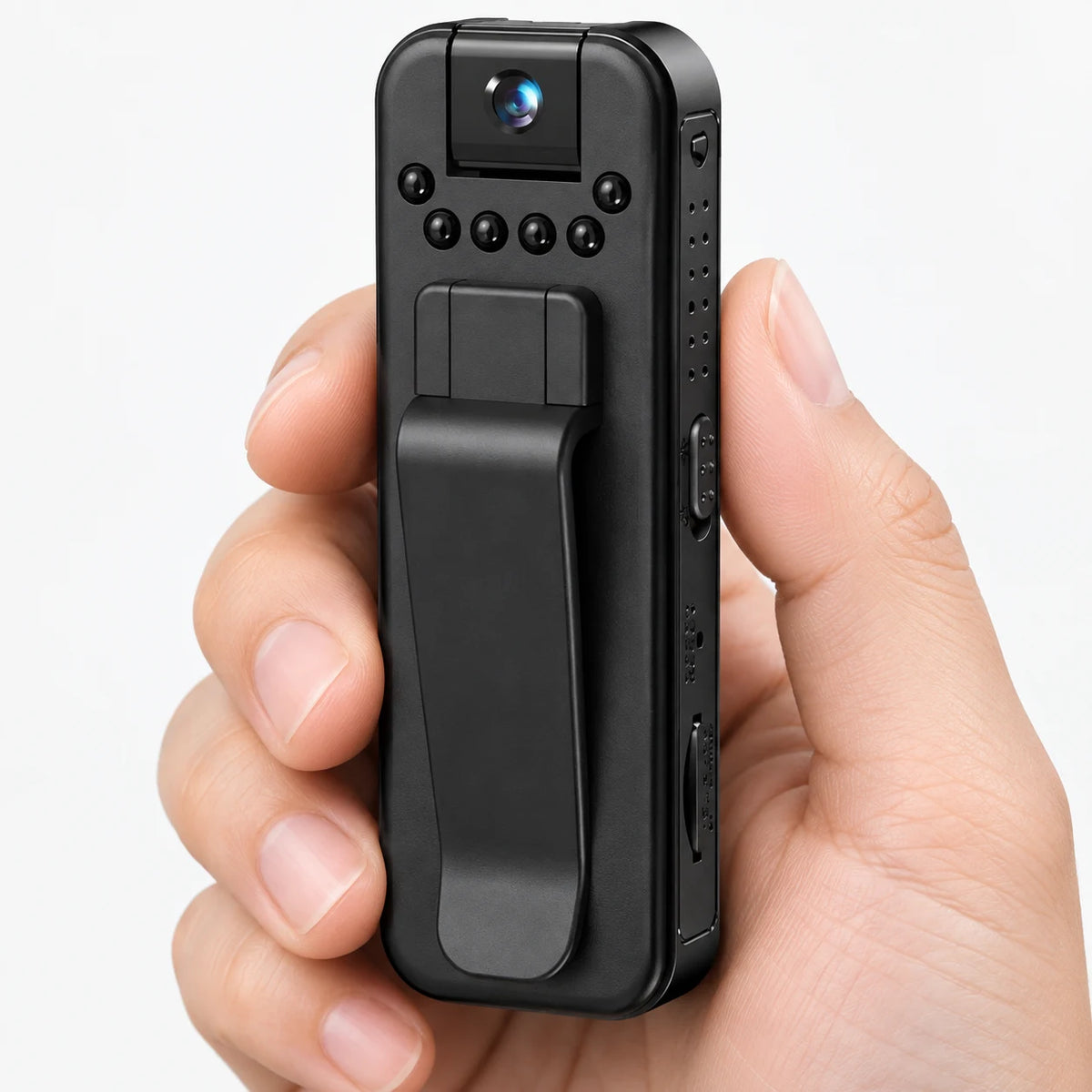 1080P Mini Video Camera — the small camera placed on a pale desk surface in a bright room