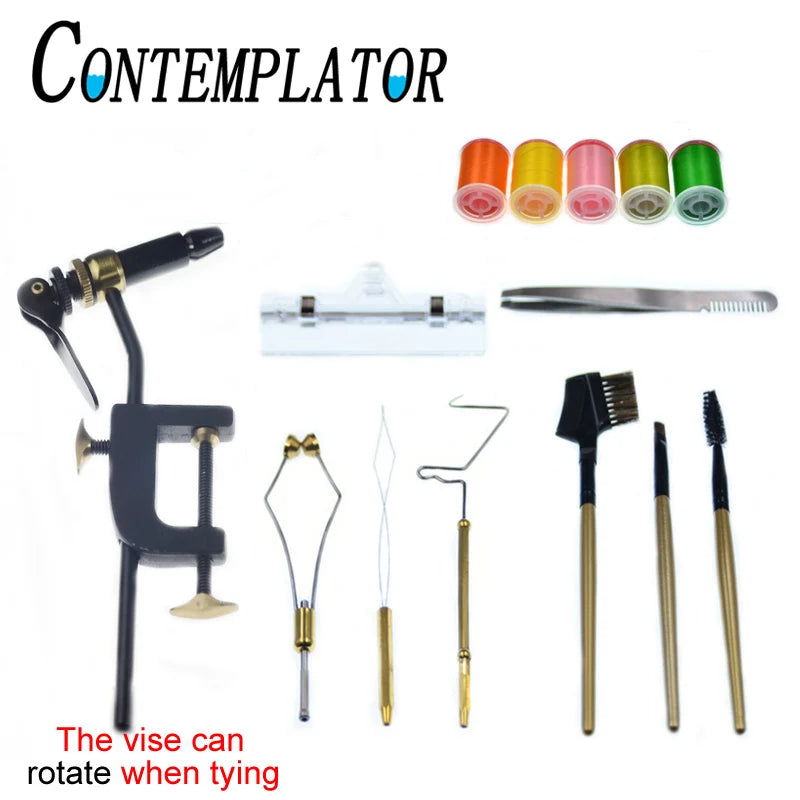 CONTEMPLATOR Rotary Fly Tying Vise Hook Kit with Bobbin, Thread Holder, Whip Finisher & Threads