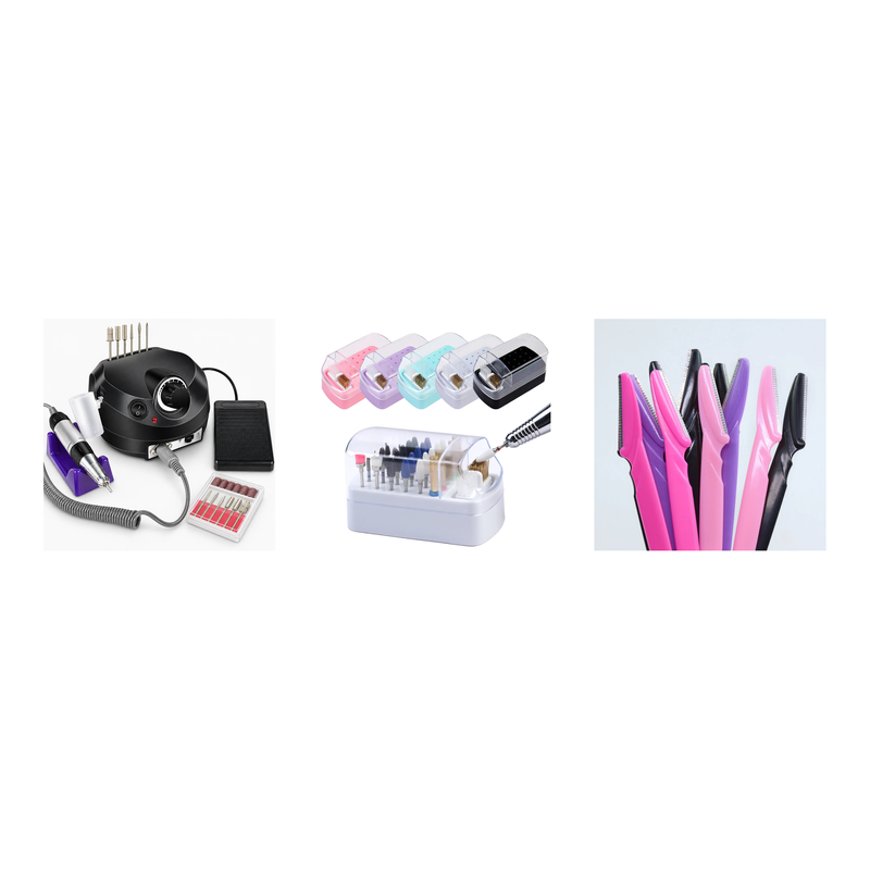 At-home nail and grooming kit - nail drill set, acrylic polish stand and facial razor pack shown side by side