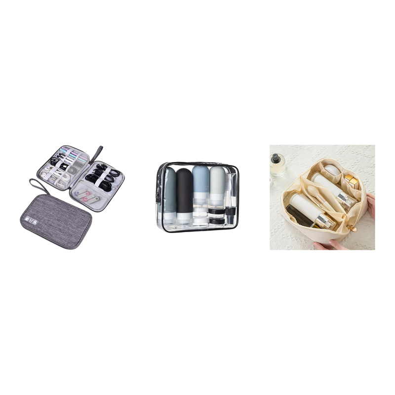 Cabin travel organizer kit - cable pouch, silicone bottle set and makeup bag shown side by side