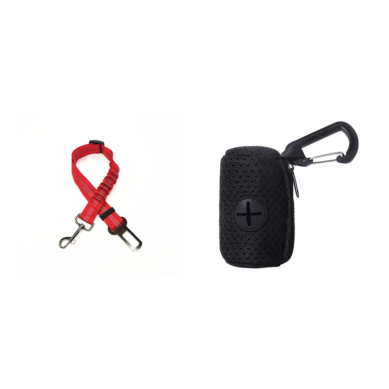 Dog travel safety kit - red reflective car seat-belt harness lead and black waste bag dispenser pouch