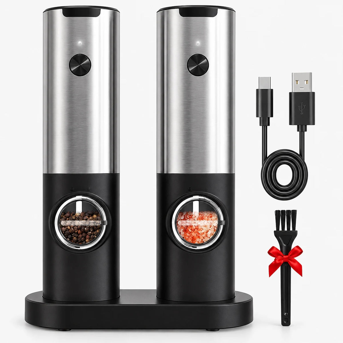 Electric Salt & Pepper Grinder Set — the two grinders and charging base on a white background