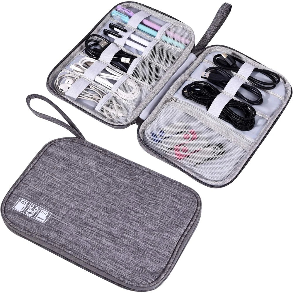 Electronics Organizer Bag — Open grey organizer with cables and pens, and a closed grey case beside it
