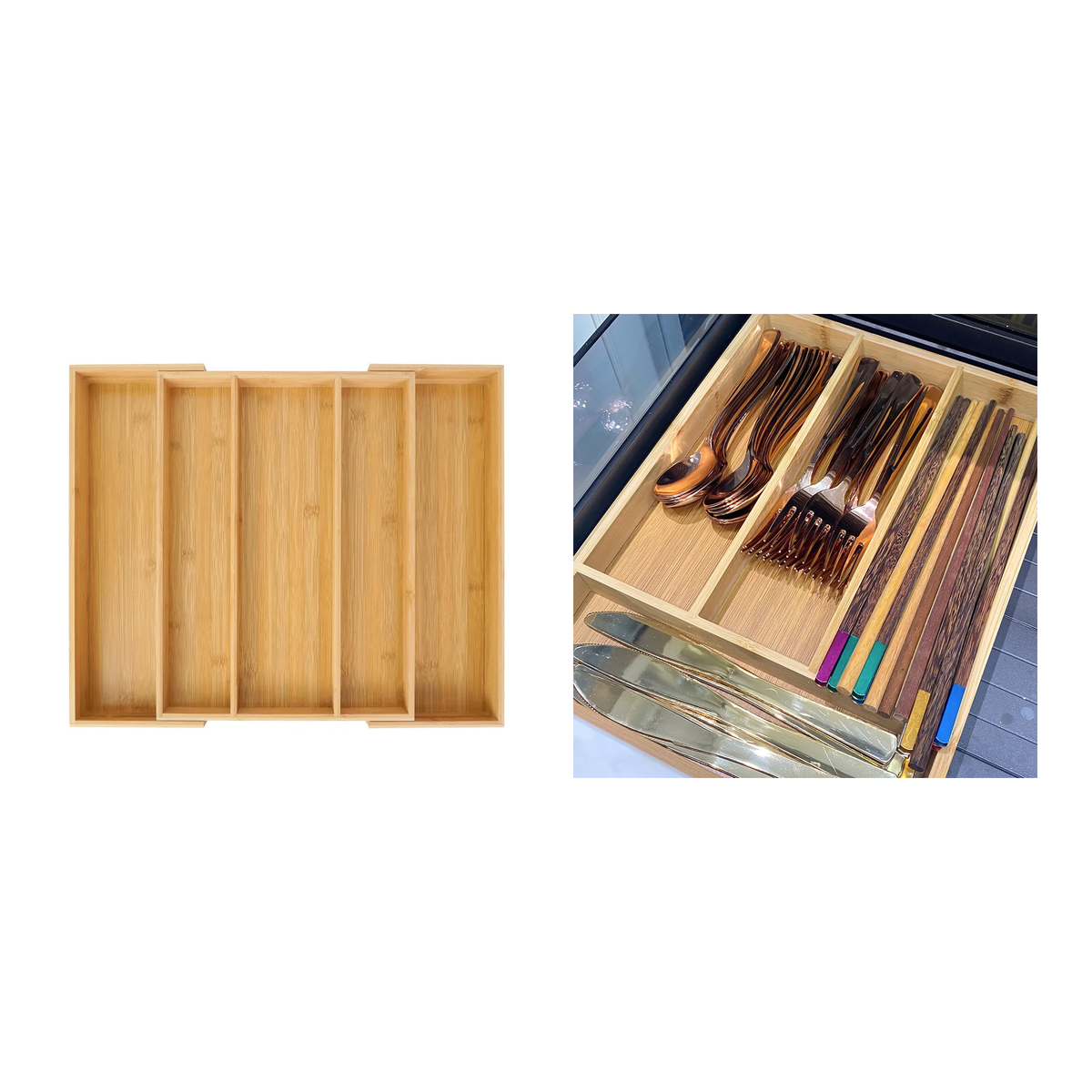 Home drawer reset kit - expandable bamboo organizer and bamboo cutlery tray shown side by side