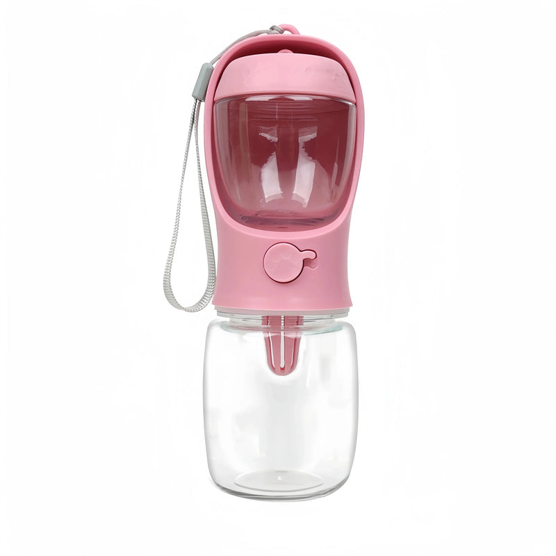 Pet travel water bottle — pink portable bottle with an attached drinking bowl