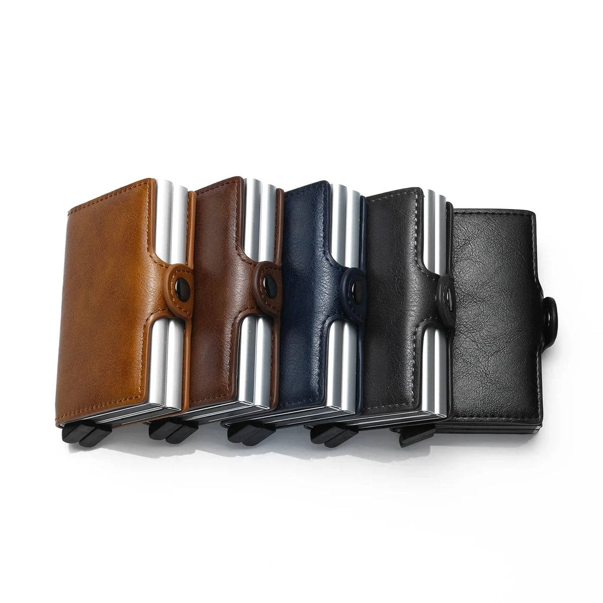 Slim RFID Card Wallet — Five cardholders in brown, dark brown, blue, grey, and black on white