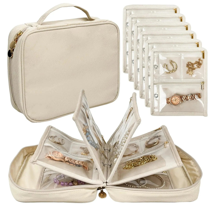 Travel jewelry case shown open with its clear organizer pages