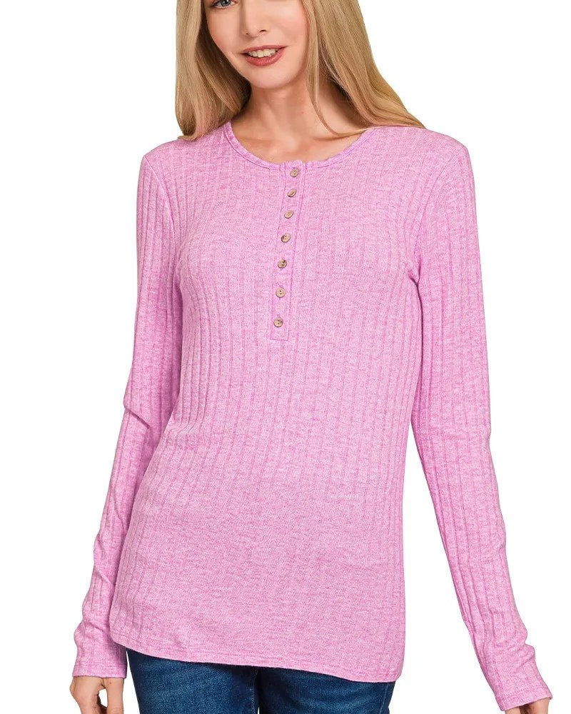 Mauve ribbed long-sleeve half-button top worn by a model