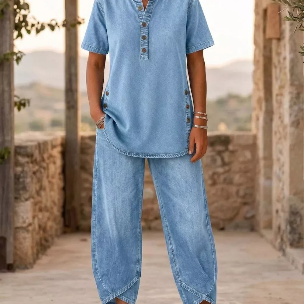 Full Size Casual Half-Button Top and Cropped Pants Denim Set Plus Size — full-length view of the garment on a model