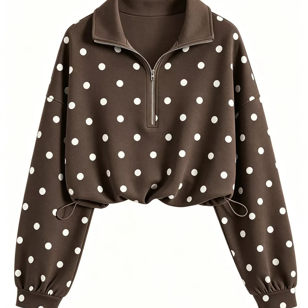 Polka Dot Half Zip Cropped Sweatshirt — full-length view of the garment on a model