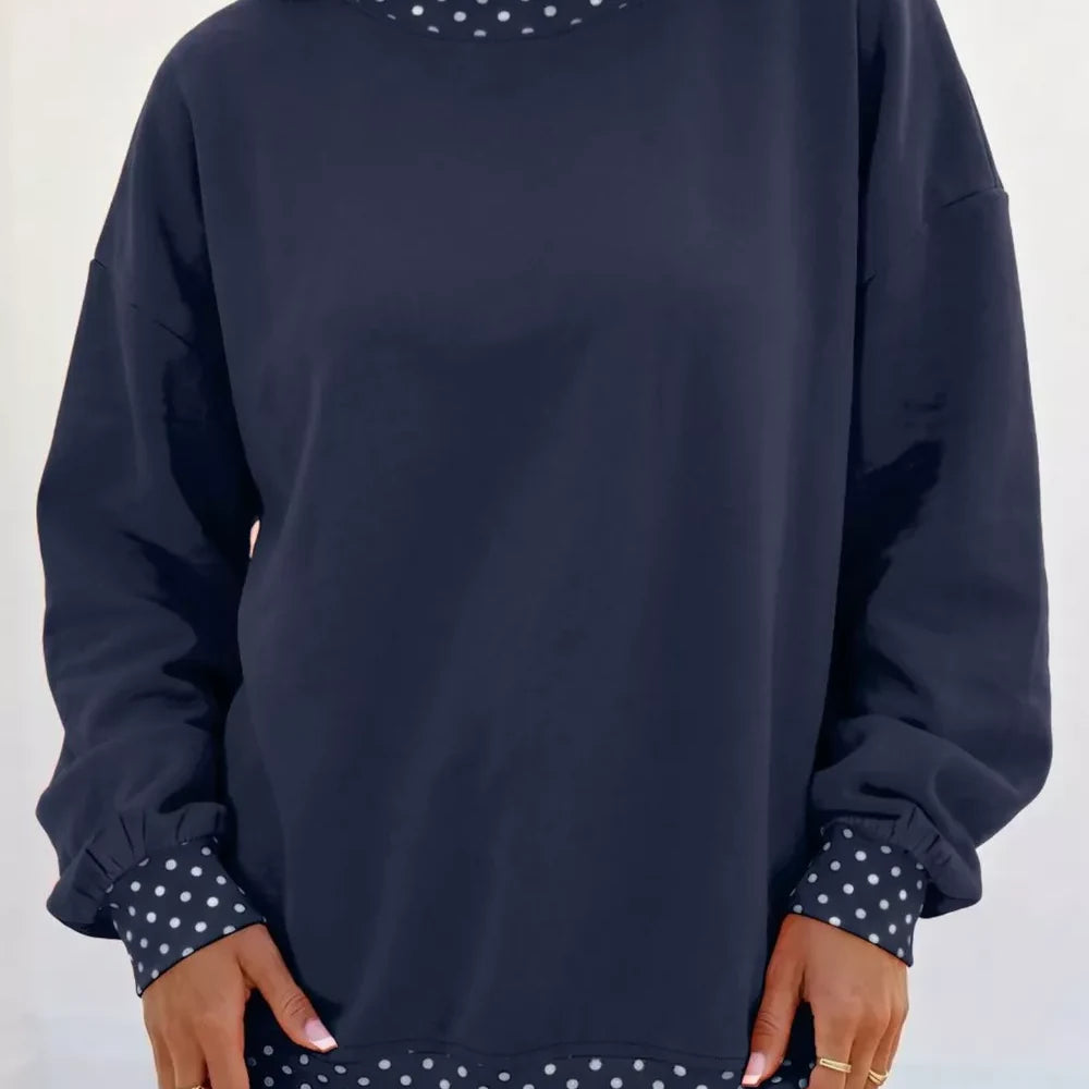 Polka Dot Trim Contrast Crew Neck Sweatshirt — full-length view of the garment on a model