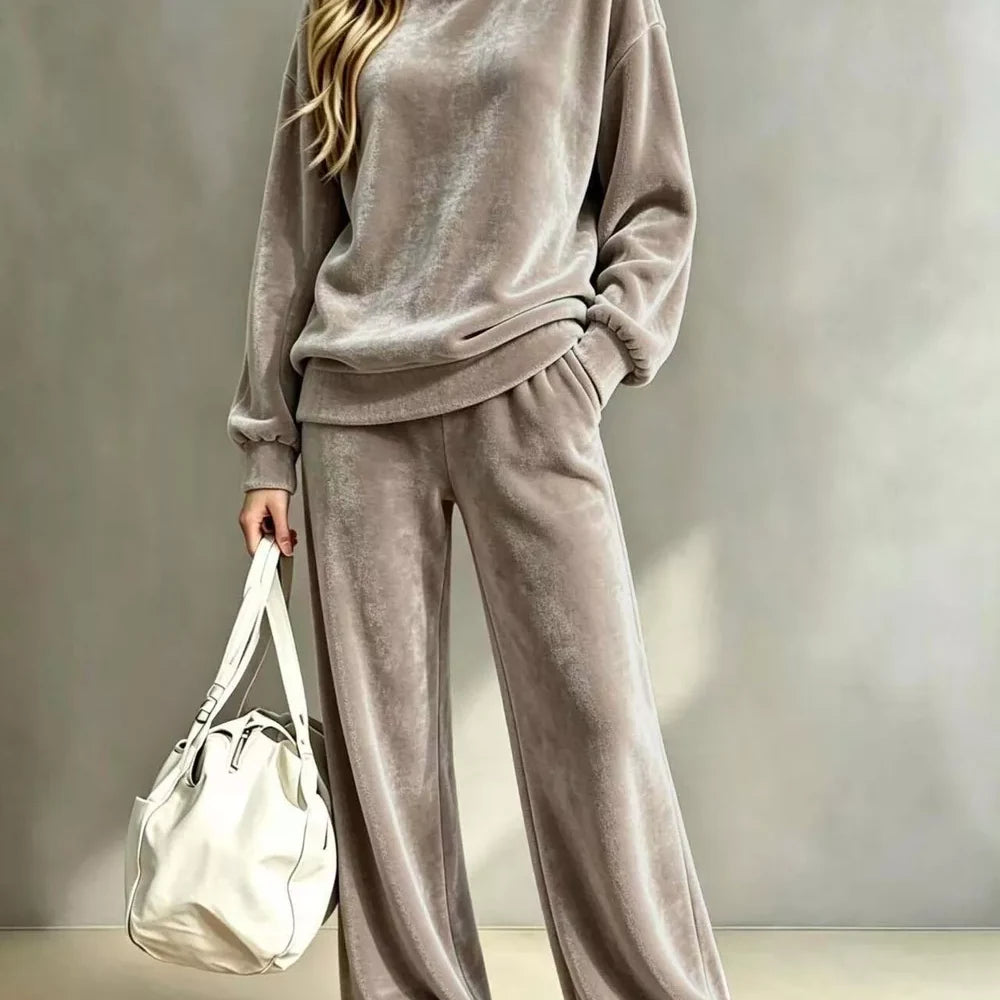 Full Size Velvet Dropped Shoulder Top and Wide-Leg Pants Set Plus Size — full-length view of the garment on a model
