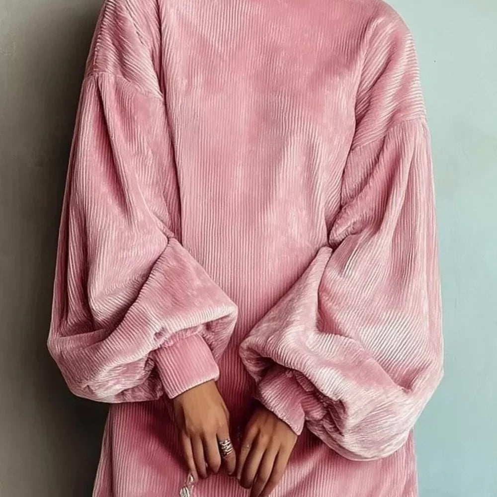 Full Size Corduroy Mock Neck Lantern Sleeve Mini Dress Plus Size — full-length view of the garment on a model