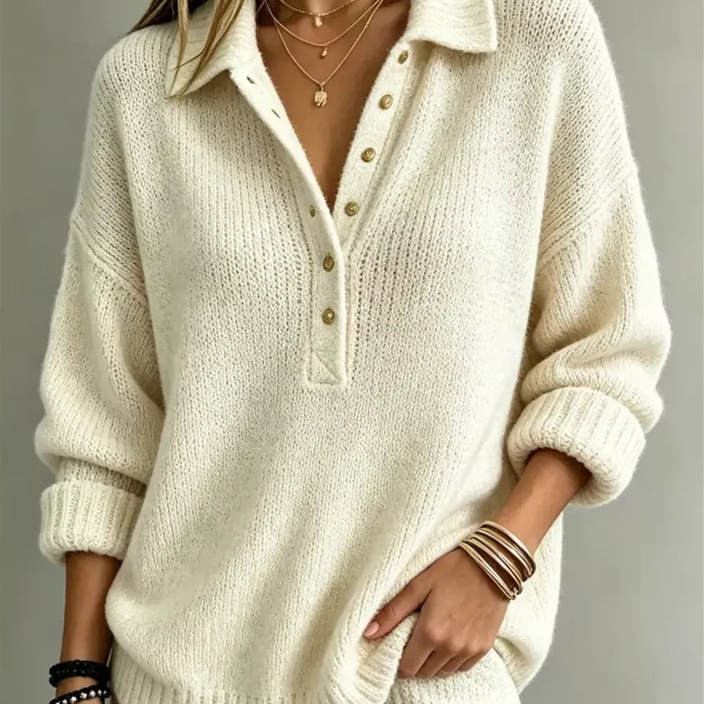 Full Size Button Detail Dropped Shoulder Sweater Plus Size — full-length view of the garment on a model
