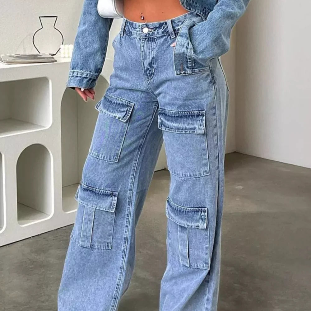 High-Waisted Wide-Leg Cargo Jeans — full-length view of the garment on a model