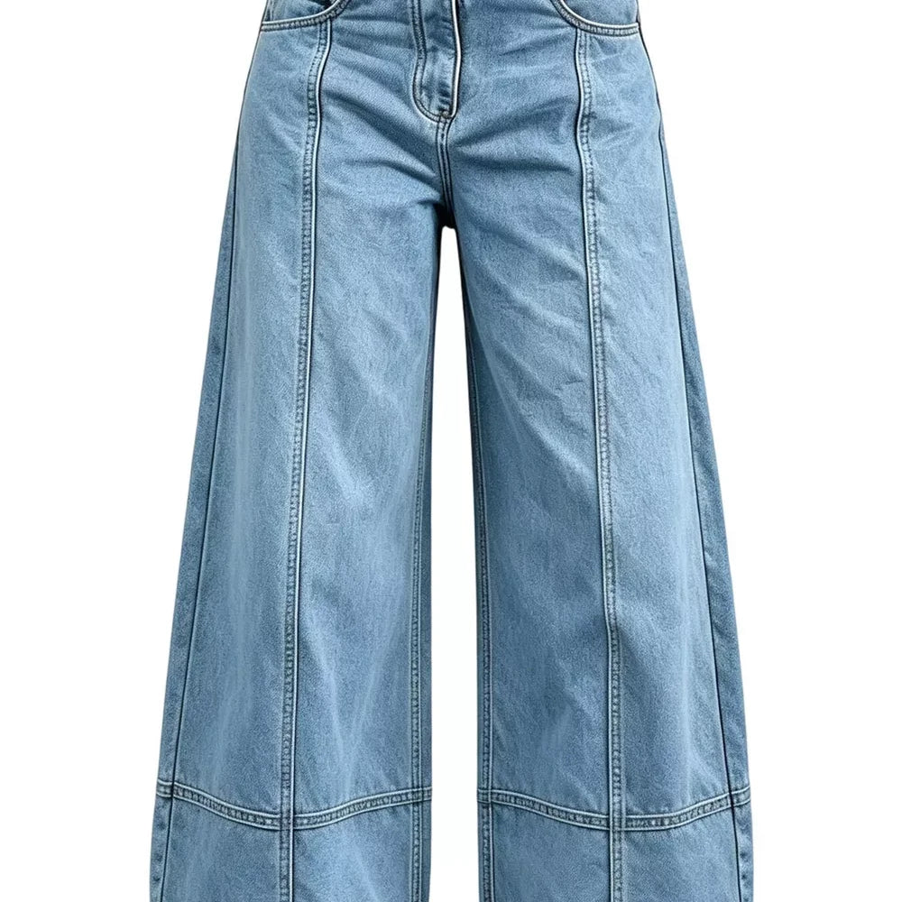 Full Size High-Waisted Wide-Leg Ruffled Hem Jeans Plus Size — full-length view of the garment on a model