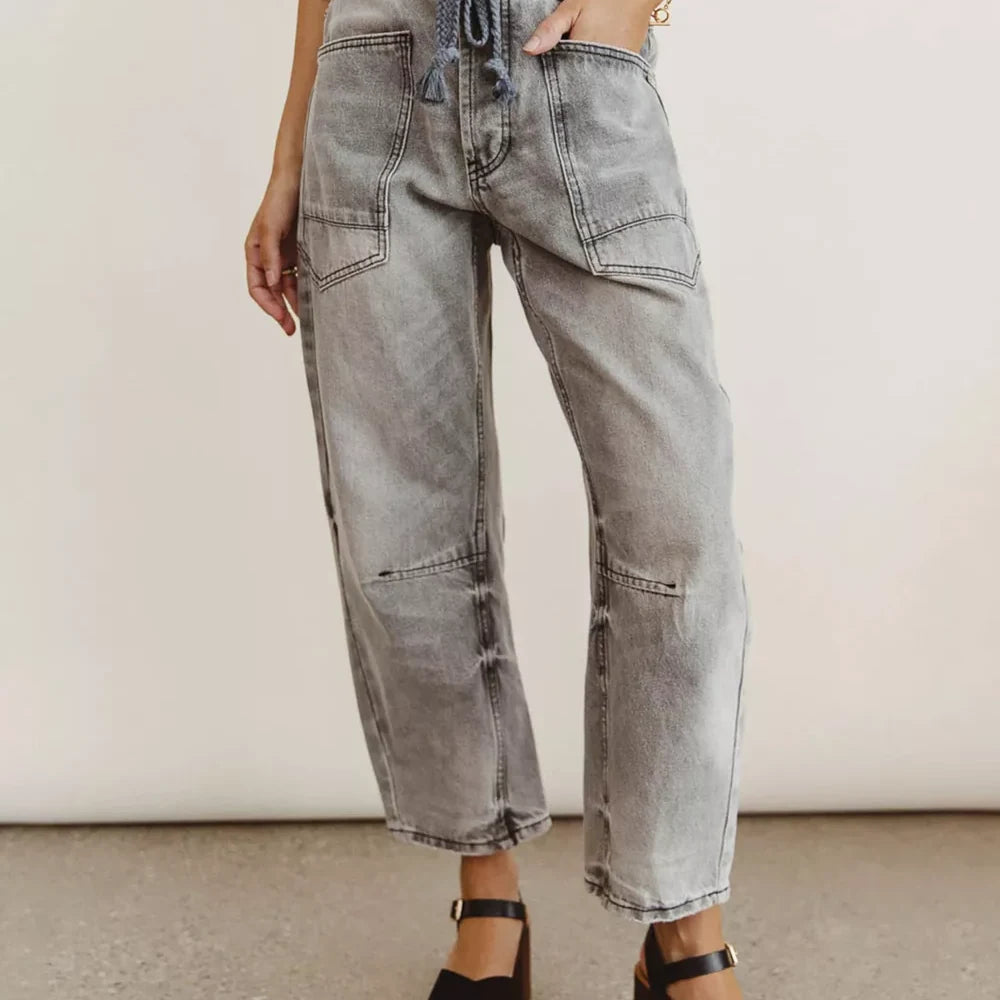 Drawstring Wide Leg Cropped Jeans — full-length view of the garment on a model