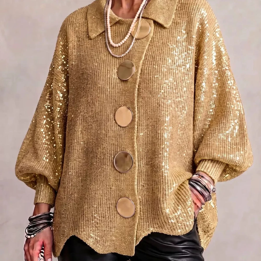 Full Size Collared Wavy Hem Knit Cardigan with Metal Button Plus Size — full-length view of the garment on a model