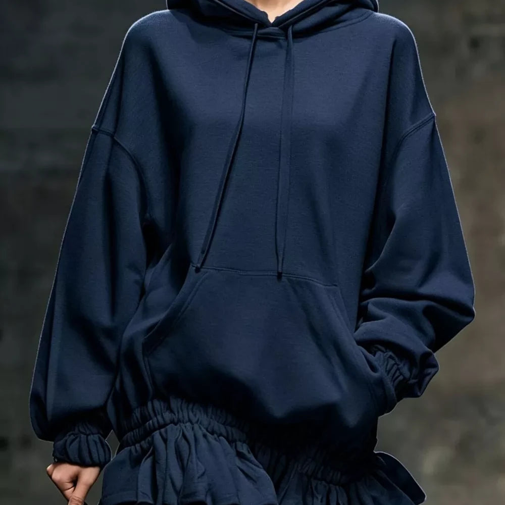 Casual Chic Hoodie Sweatshirt Mini Dress with Ruffled Hem — full-length view of the garment on a model