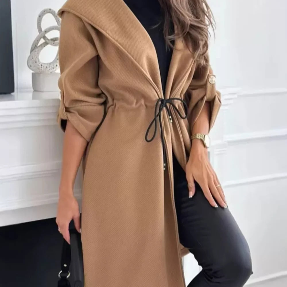 Full Size Hooded Drawstring Waist Casual Outerwear Plus Size — full-length view of the garment on a model