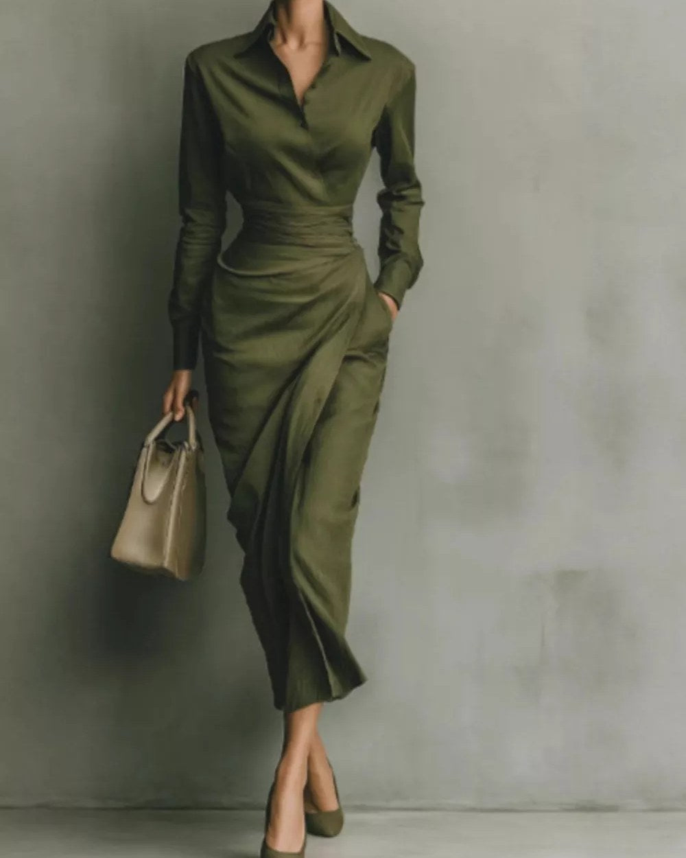 Model wearing green long-sleeve wrap-style midi shirt dress