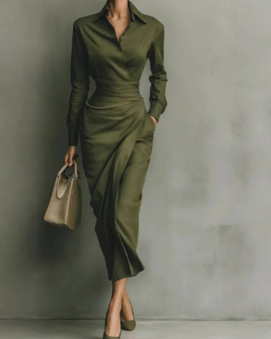 Model wearing green long-sleeve wrap-style midi shirt dress