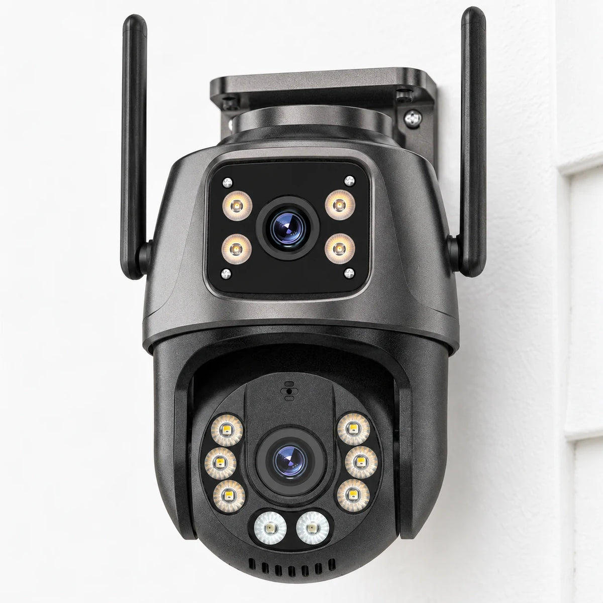 4K 8MP Dual-Lens WiFi PTZ Camera — the camera mounted on a pale wall in a bright setting