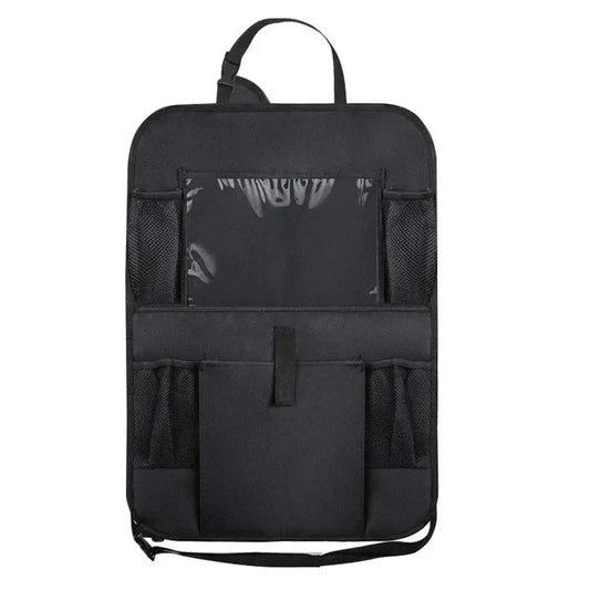 Car seat-back organizer with a clear touch-screen tablet pocket, side mesh pockets and a headrest strap