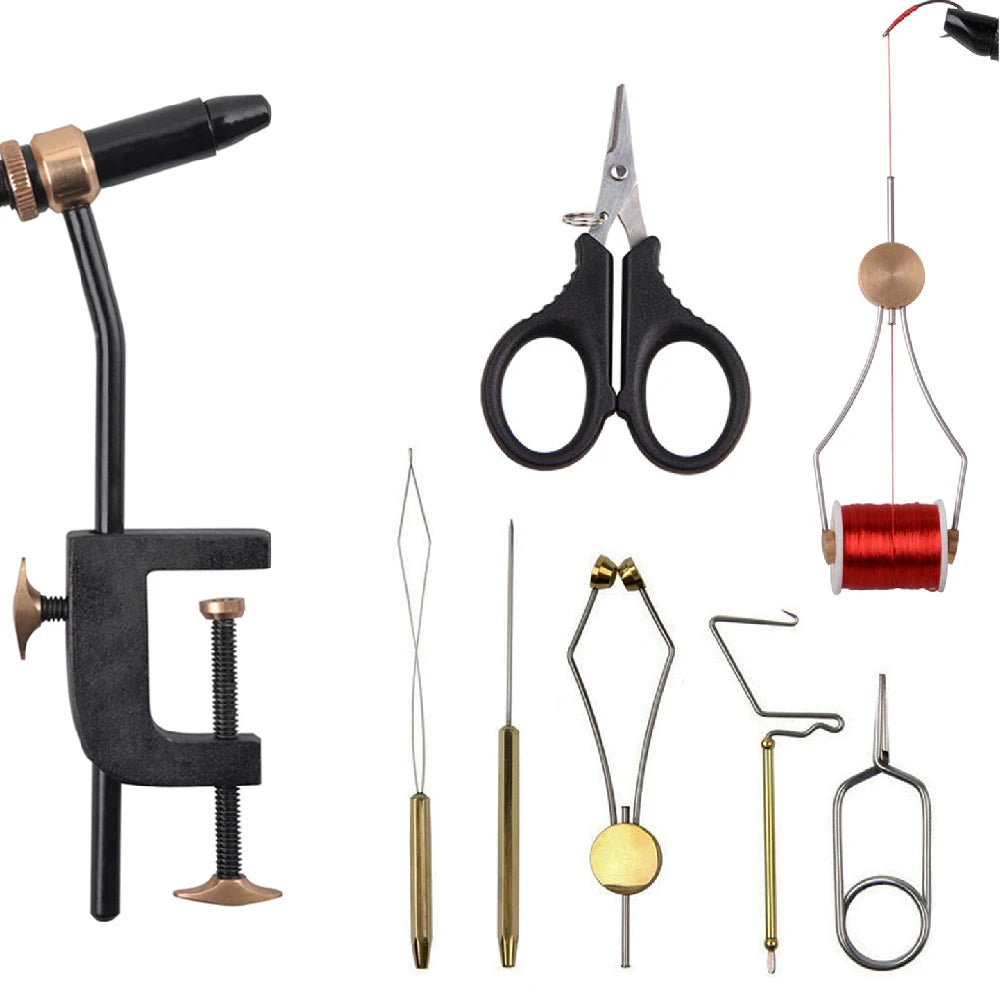 Complete Rotary Fly Tying Vise Kit — Bobbin Holder, Threader, Whip Finisher, Bodkin & Hackle Pliers