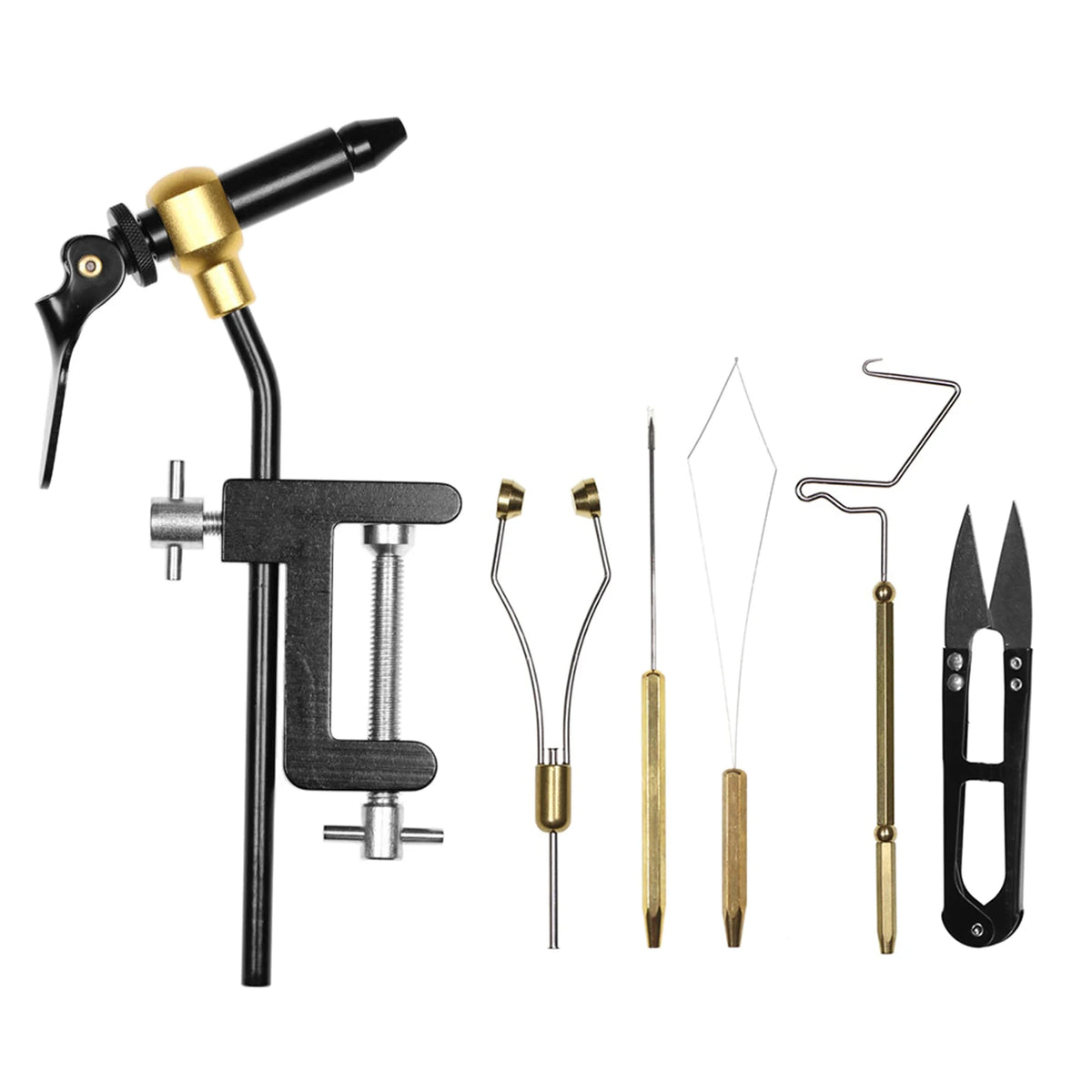 6-Piece Fly Tying Tool Combo Kit — Vise, Bobbin Holder, Threader, Needle, Whip Finisher & Scissors