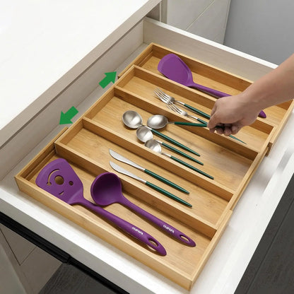 Expandable Bamboo Kitchen Drawer Organizer,Adjustable Cutlery Holder and Cutlery Tray Organizer,Drawer divider for silverware,Ta