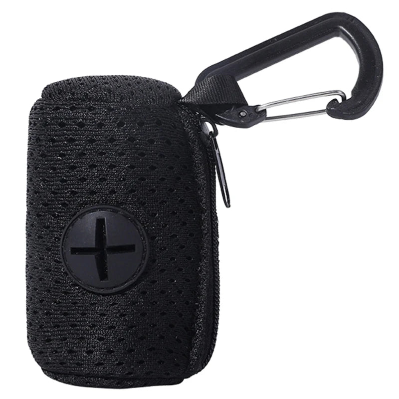 Dog Poop Bag Holder — the single black mesh holder that ships, with carabiner clip and bag outlet