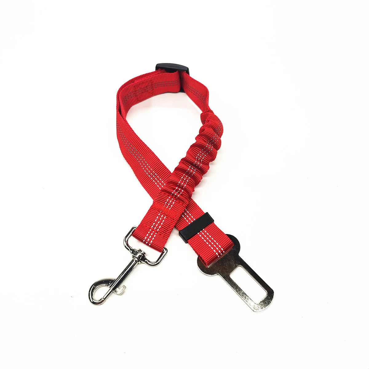 Adjustable Dog Car Seat Belt — Red adjustable dog seat belt strap with elastic section, snap hook, and seat-belt tongue