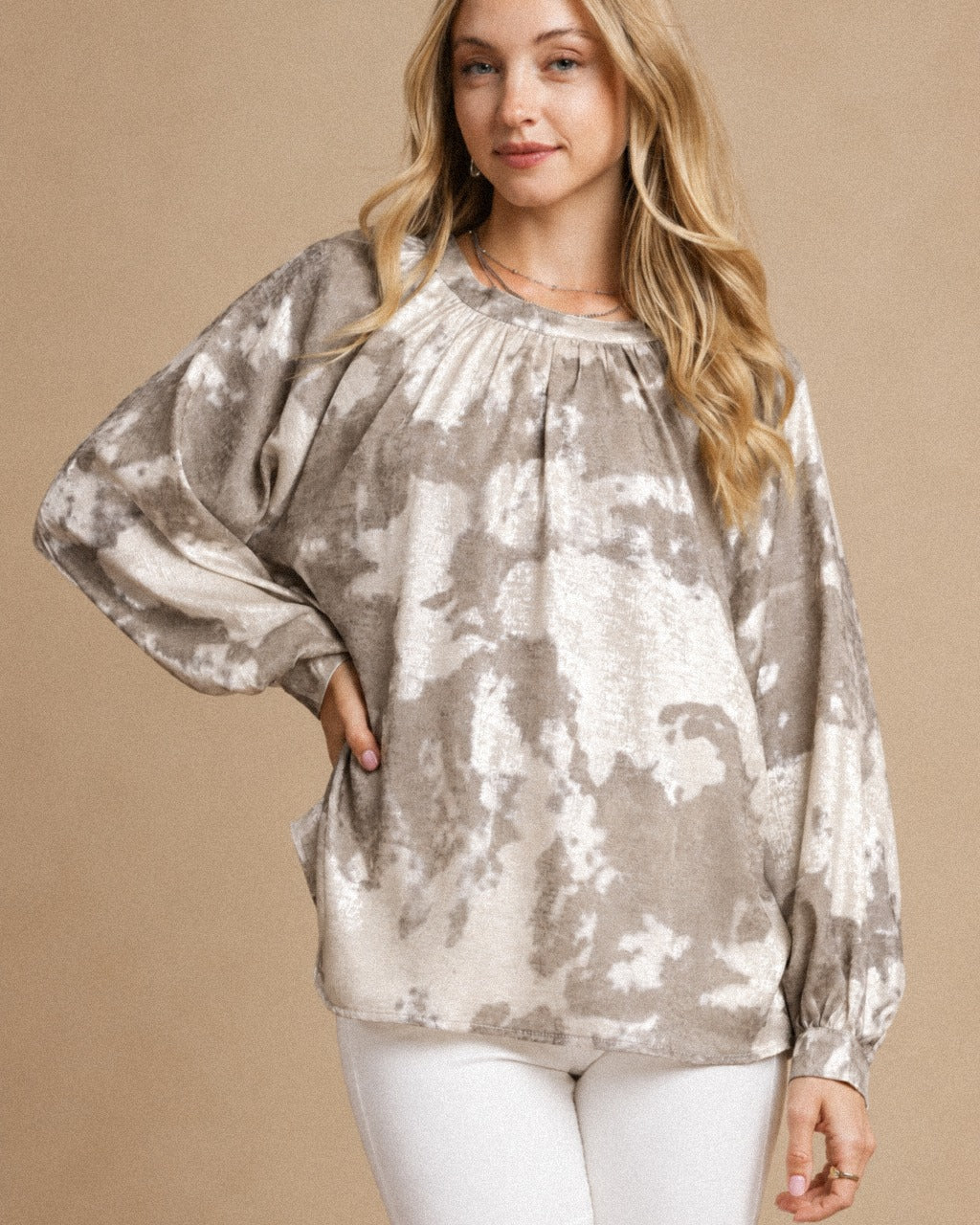 Umgee Full Size Metallic Fabric Blouse with Balloon Sleeves Plus Size - Tidilo editorial photograph