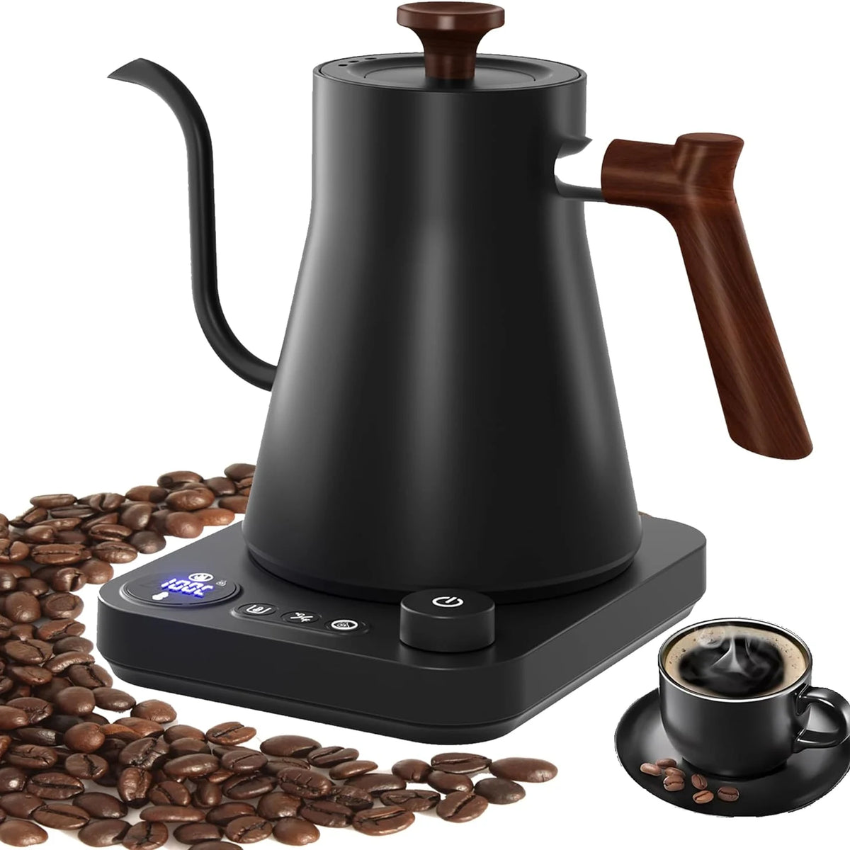 Electric Gooseneck Kettle — Black gooseneck kettle on base surrounded by coffee beans and a cup.