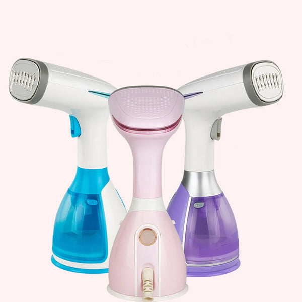 Handheld Garment Steamer — Three handheld steamers in blue, pink, and purple colors standing side by side.