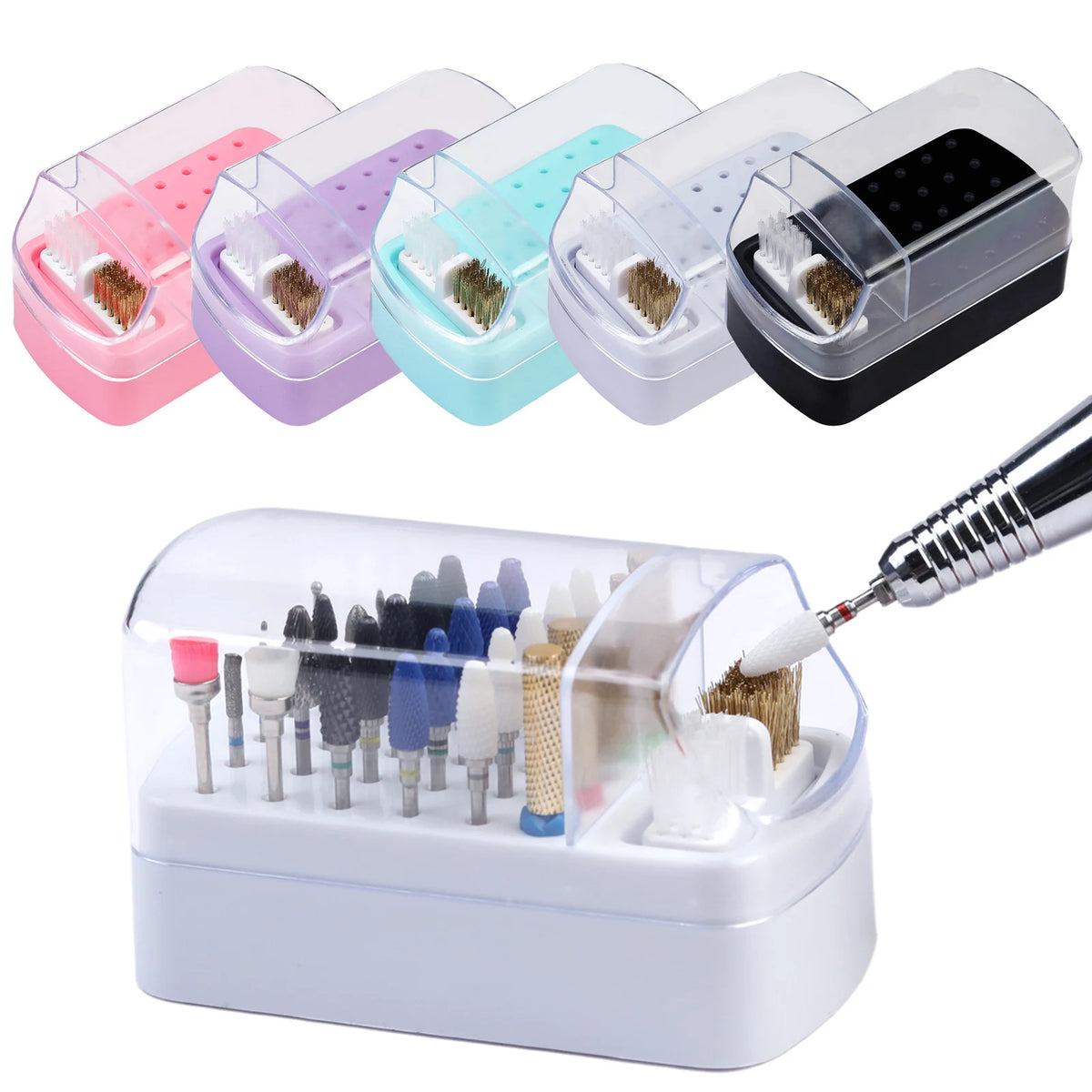 Nail Polish Organizer — Five colored storage boxes with drill bits; open white box with bits and tool inserted