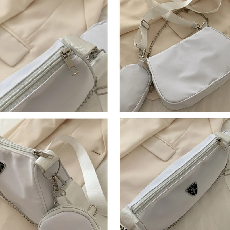 Nylon Crossbody Bag — Close-up views of white bag zipper, chain, strap and logo