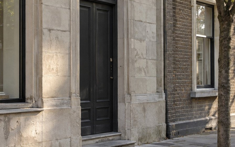 Afternoon sunlight and cool shade across a weathered stone doorway